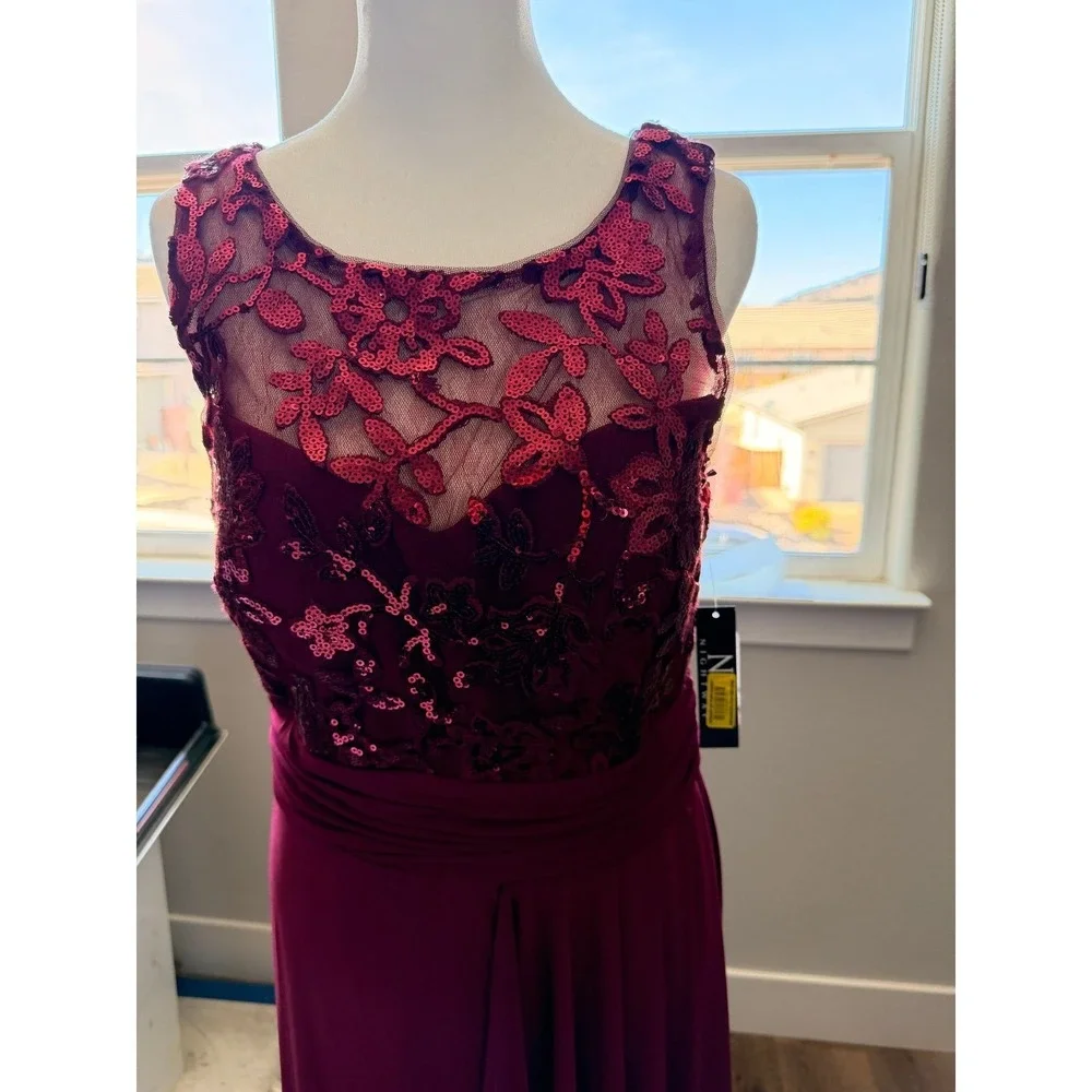 Nightway Womens Sequin Lace Bodice Gown‎ Dress Size 10 Wine Red Formal Event NEW